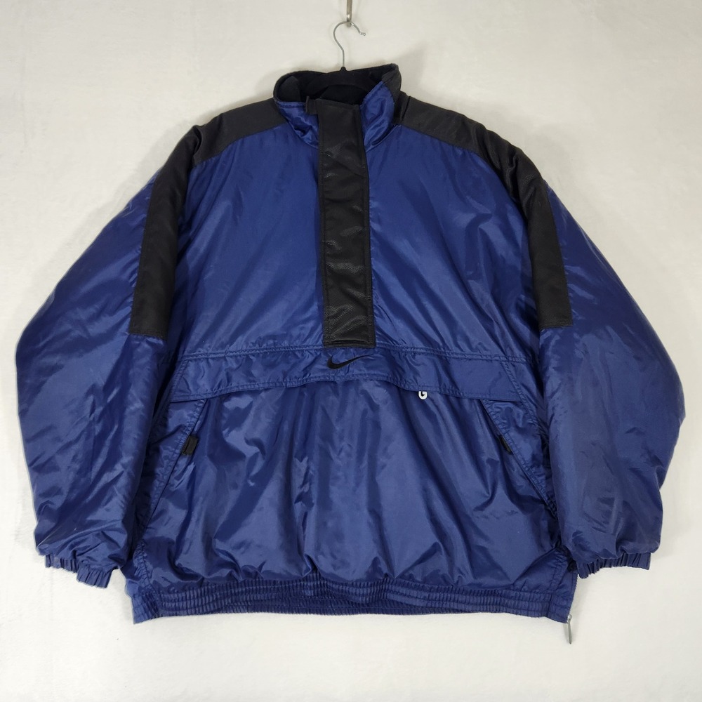 Vintage Nike Puffer Anorak Jacket Mens XL Blue Black Half Zip Pullover Swoosh